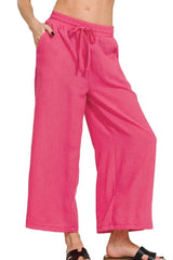 Zenana Woven Crepe Elastic Band Waist Cropped Pants - Trendsi - Flyclothing LLC
