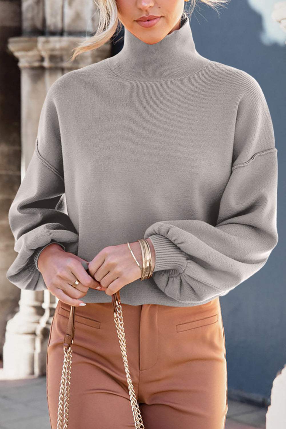 Mock Neck Dropped Shoulder Sweater - Trendsi - Flyclothing LLC
