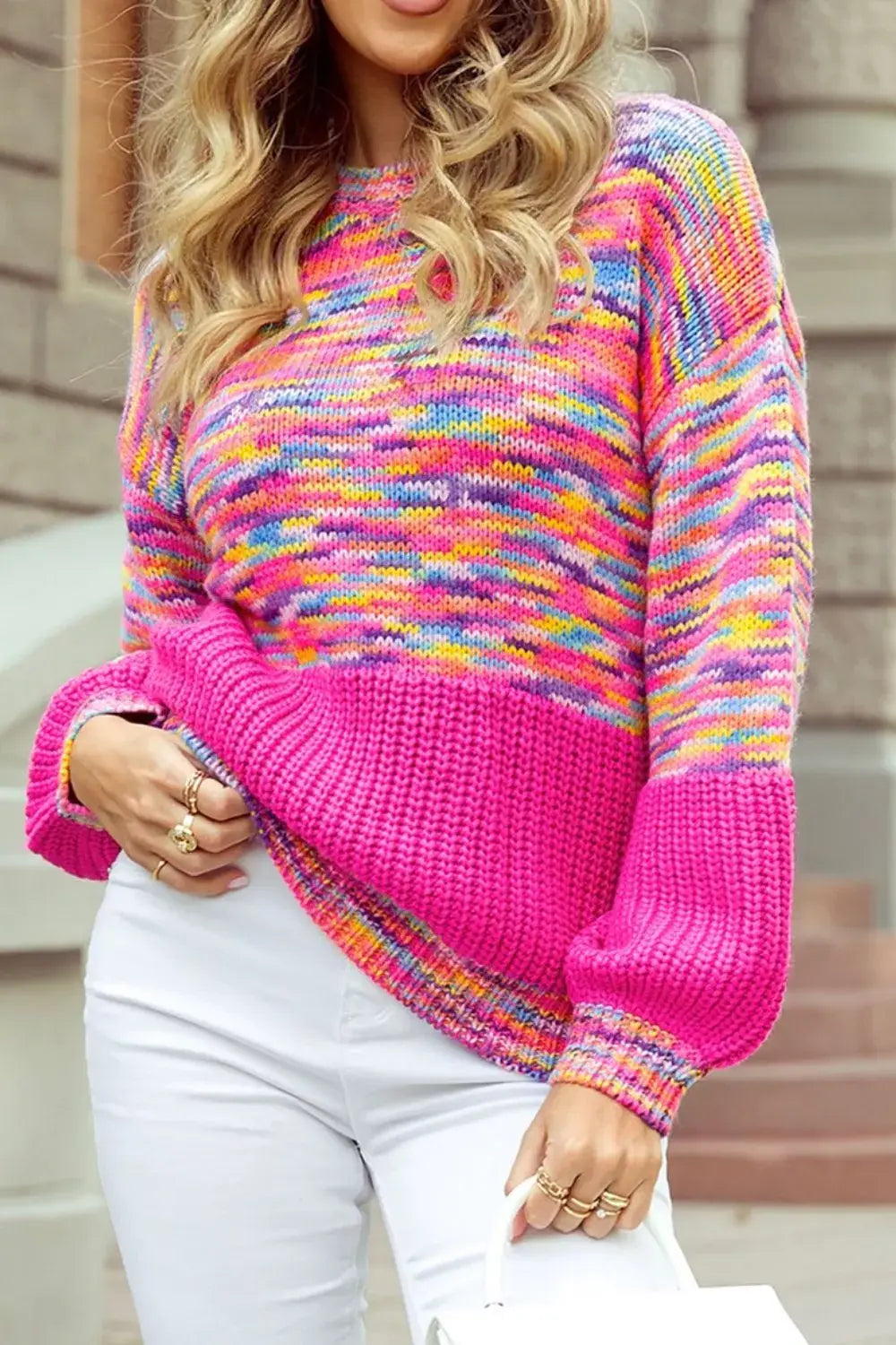 Colorful Knit Crew Neck Sweater - Trendsi - Flyclothing LLC