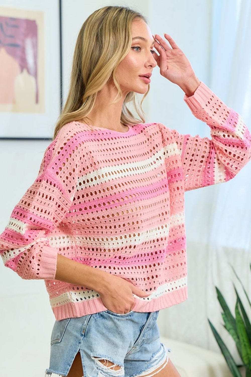 First Love Striped Long Sleeve Openwork Knit Top - Trendsi - Flyclothing LLC