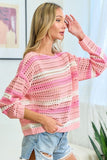 First Love Striped Long Sleeve Openwork Knit Top - Trendsi