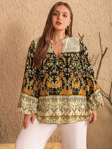 Plus Size Floral Print Notched Blouse - Trendsi - Flyclothing LLC