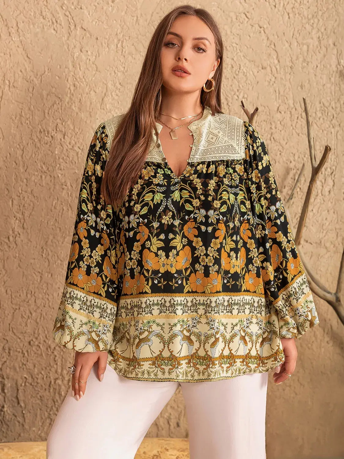 Plus Size Floral Print Notched Blouse - Trendsi - Flyclothing LLC