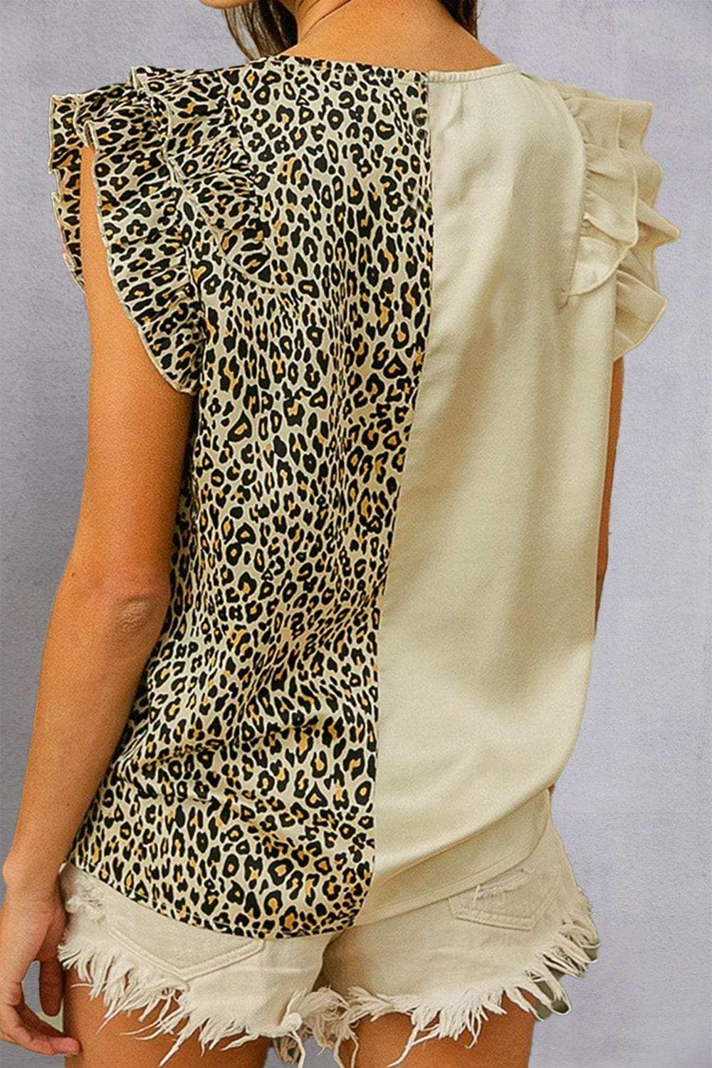 Ruffled Leopard V-Neck Cap Sleeve Blouse - Trendsi - Flyclothing LLC