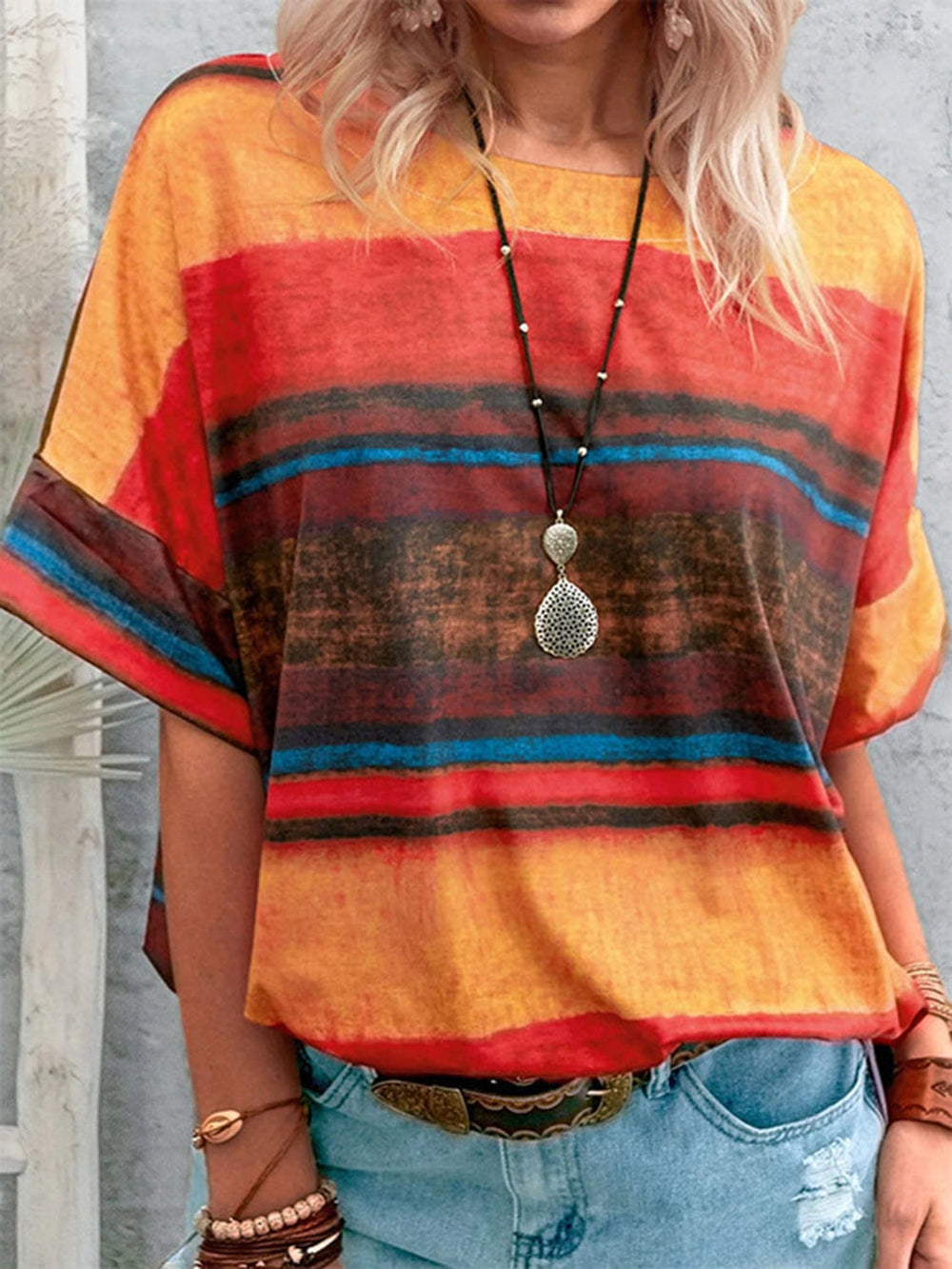 Full Size Color Block Round Neck Half Sleeve T-Shirt - Trendsi