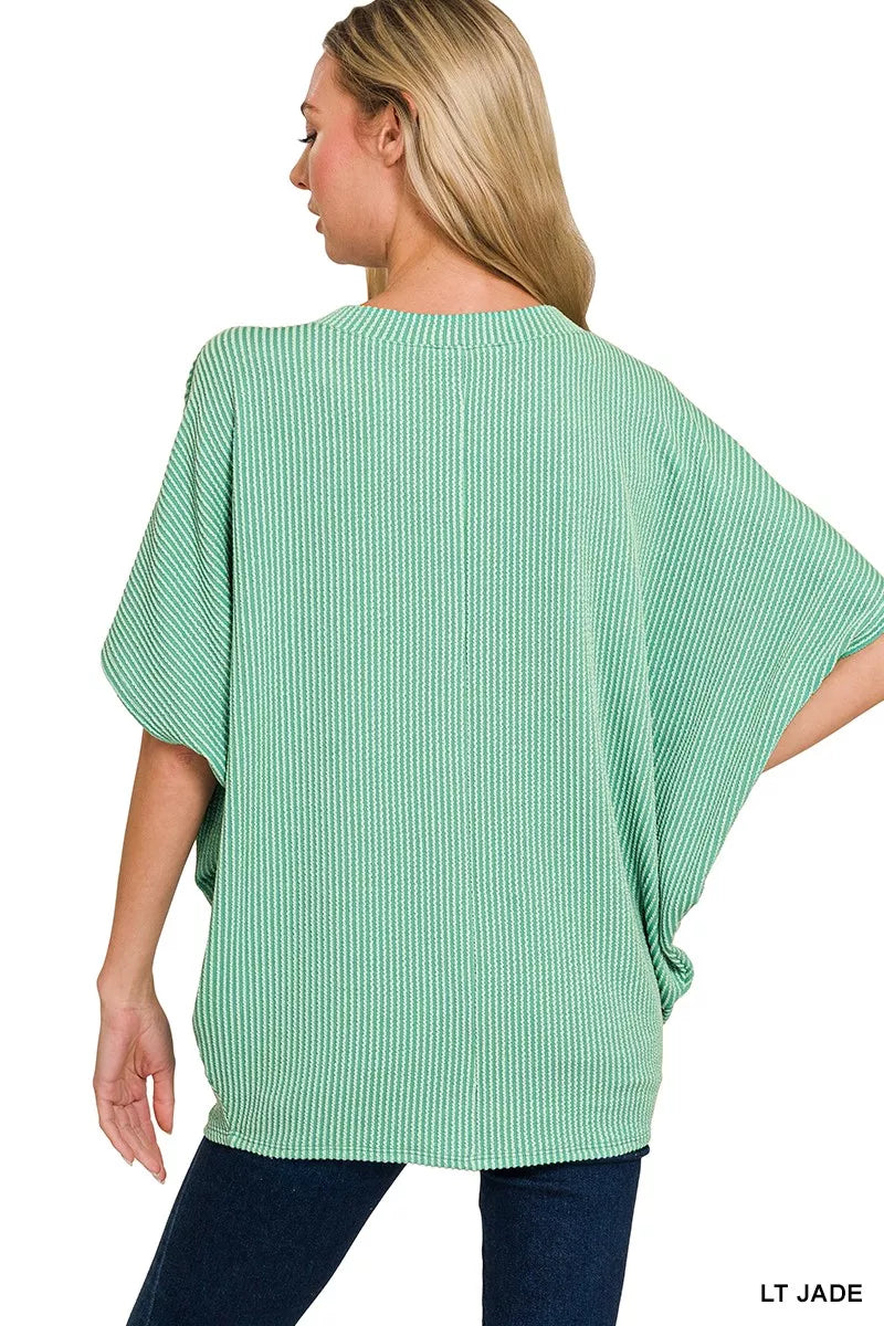 Zenana Raised Rib V-Neck Batwing Top - Trendsi - Flyclothing LLC