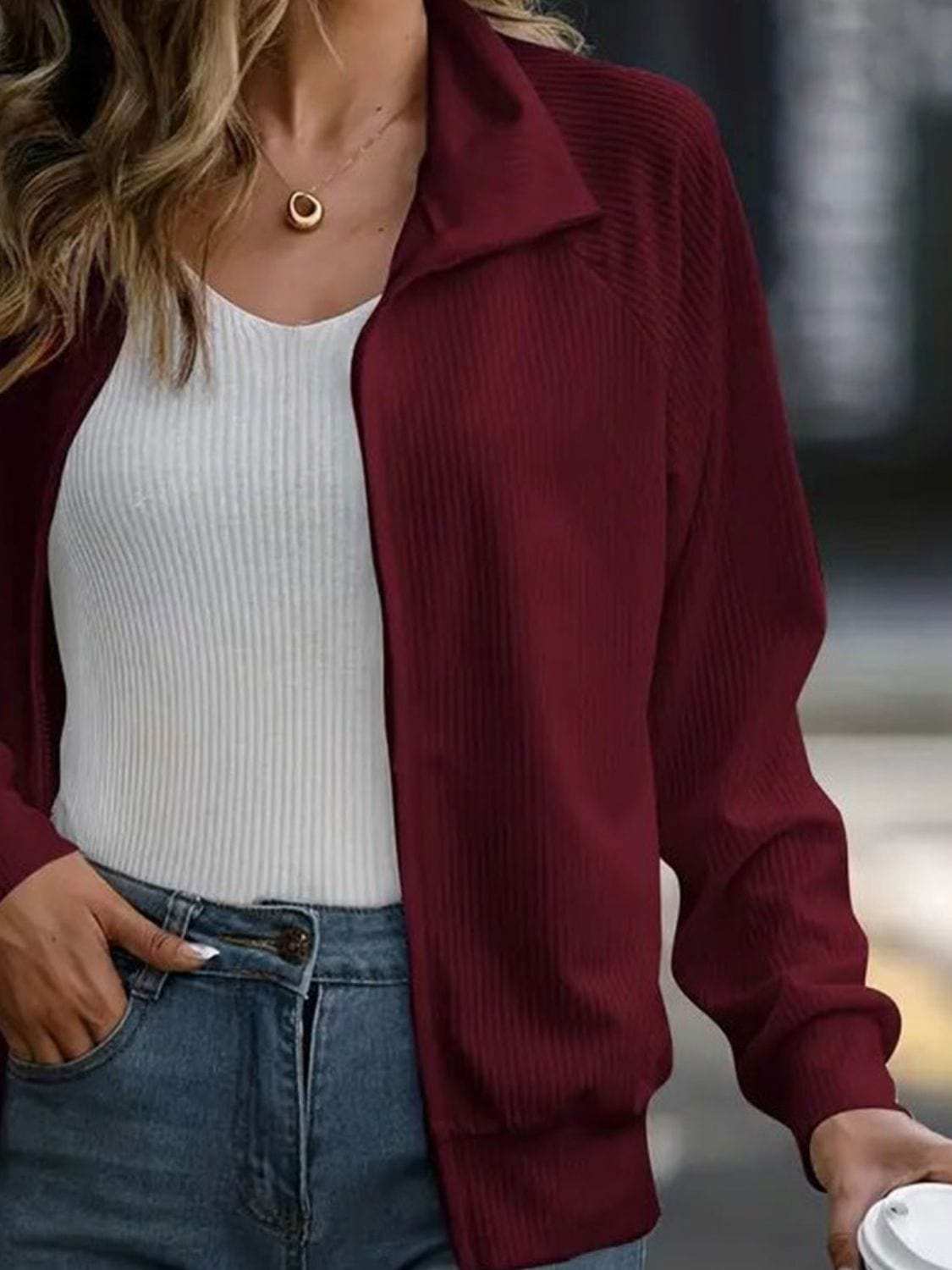 Zip Up Collared Neck Raglan Sleeve Jacket - Trendsi - Flyclothing LLC
