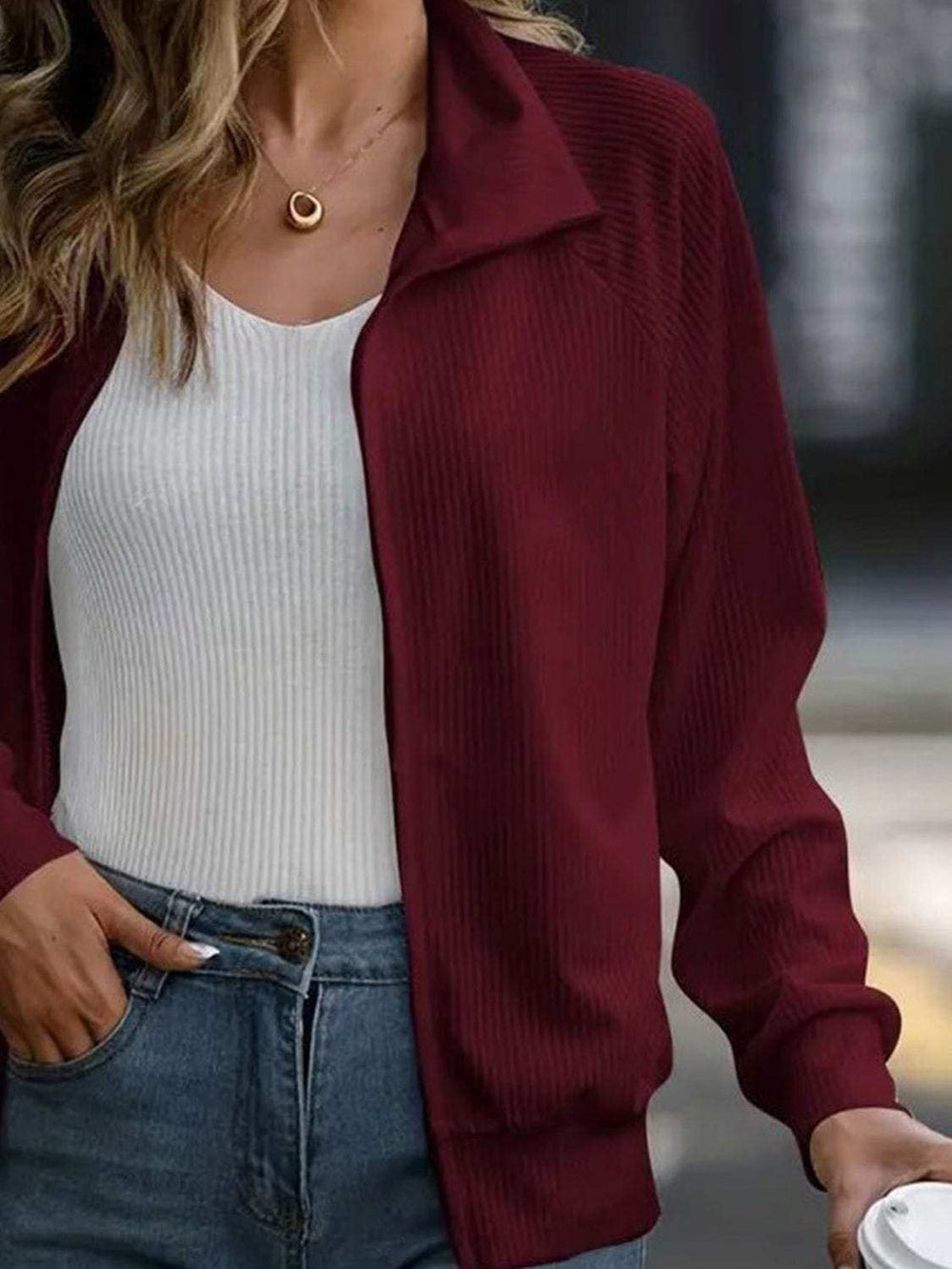 Zip Up Collared Neck Raglan Sleeve Jacket - Trendsi - Flyclothing LLC