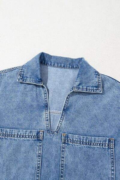 Short Sleeve Collared Patched Pocket Denim Mini Dress - Trendsi - Flyclothing LLC