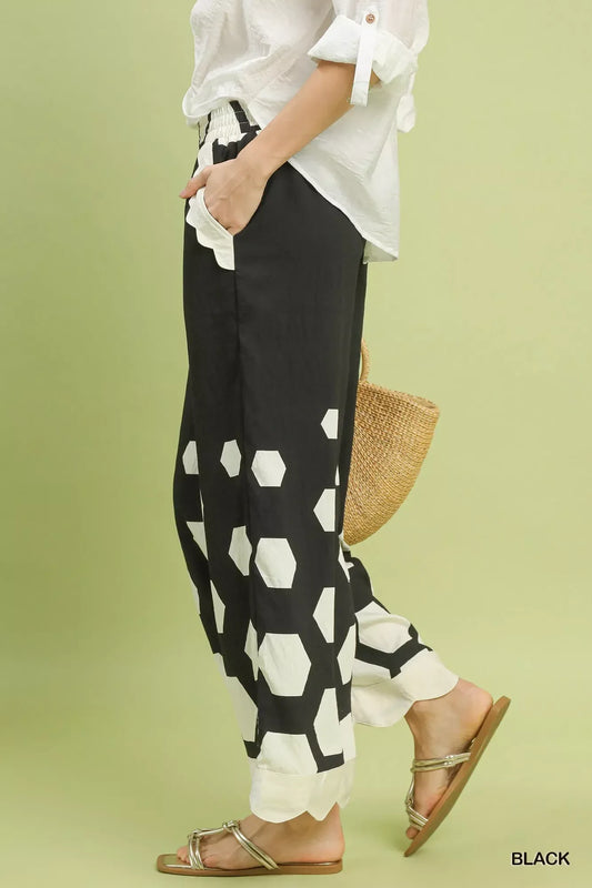 Umgee Hexagon Print Wide Leg Pants with Scalloped Hem - Trendsi - Flyclothing LLC