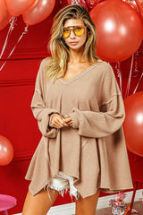BiBi V-Neck Waffle Uneven Hem Top - Trendsi - Flyclothing LLC