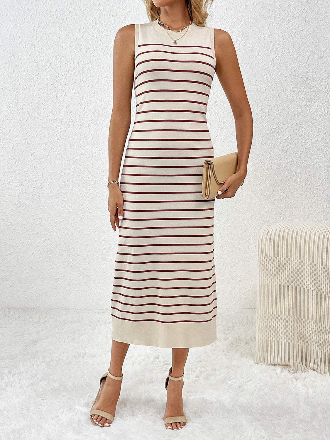 Round Neck Sleeve Midi Knit Dress - Trendsi - Flyclothing LLC
