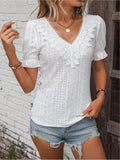 Eyelet Lace Detail V-Neck Flounce Sleeve Blouse - Trendsi