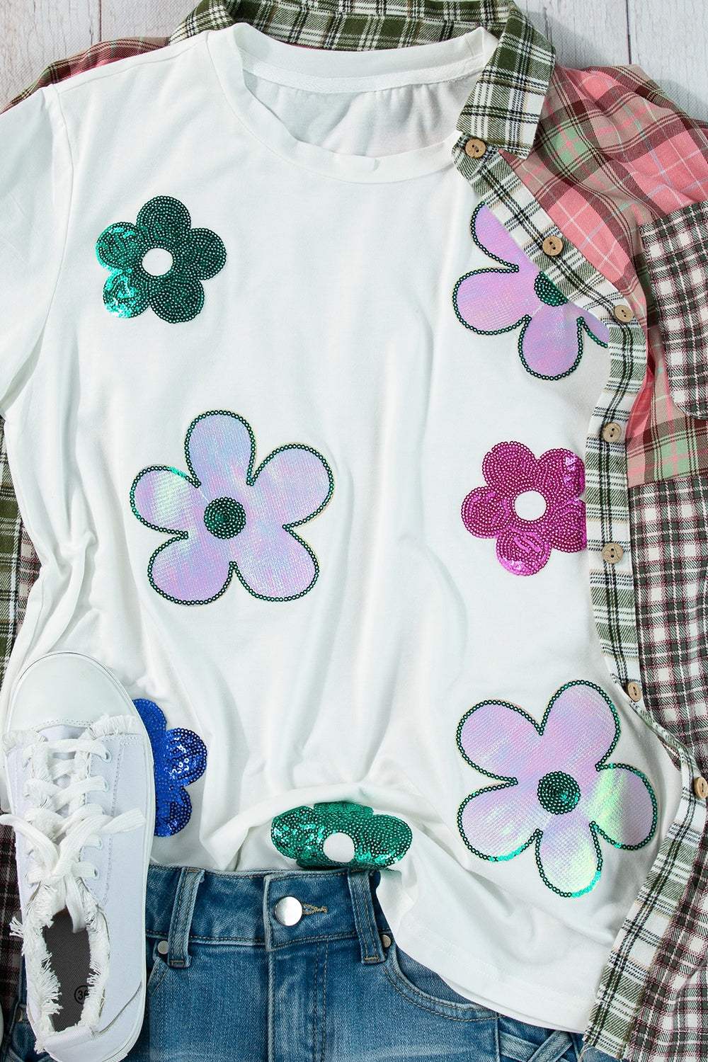 Flower Round Neck Short Sleeve T-Shirt - Trendsi - Flyclothing LLC