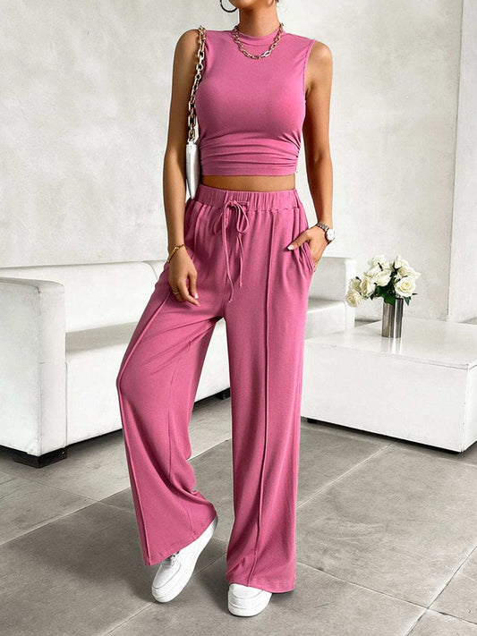 Mock Neck Sleeveless Top and Drawstring Pants Set - Trendsi - Flyclothing LLC