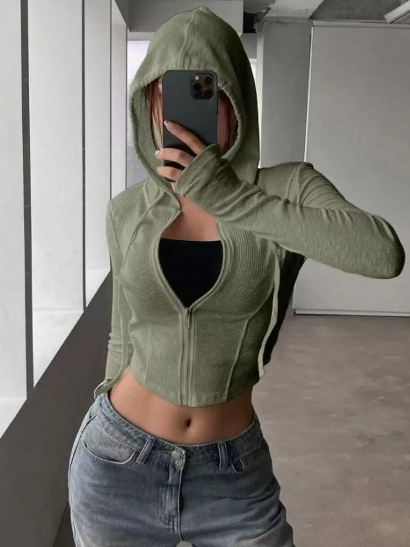 Ribbed Knit Cropped Zip-Up Outerwear - Trendsi - Flyclothing LLC