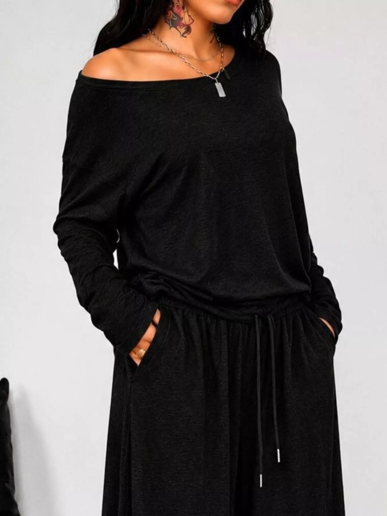 Full Size Comfortable Loose Fit One-Shoulder T-Shirt and Pants Set Plus Size - Trendsi - Flyclothing LLC