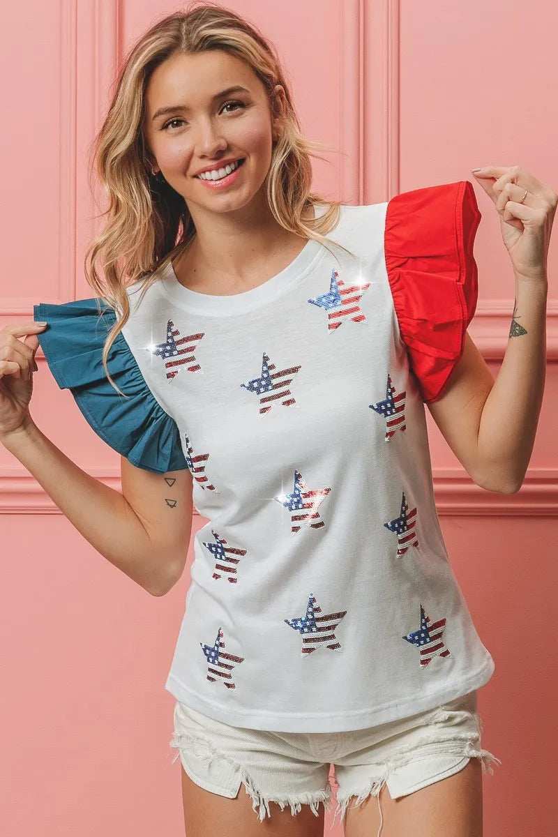 BiBi American Flag Sequin Stars Top - Trendsi - Flyclothing LLC