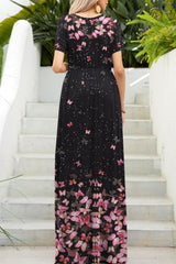 Printed Round Neck Short Sleeve Maxi Dress - Trendsi