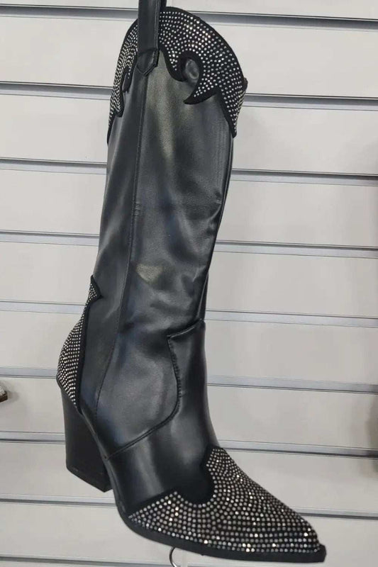 Weeboo Chunky Heel Rhinestone Decor Western Boots - Trendsi - Flyclothing LLC