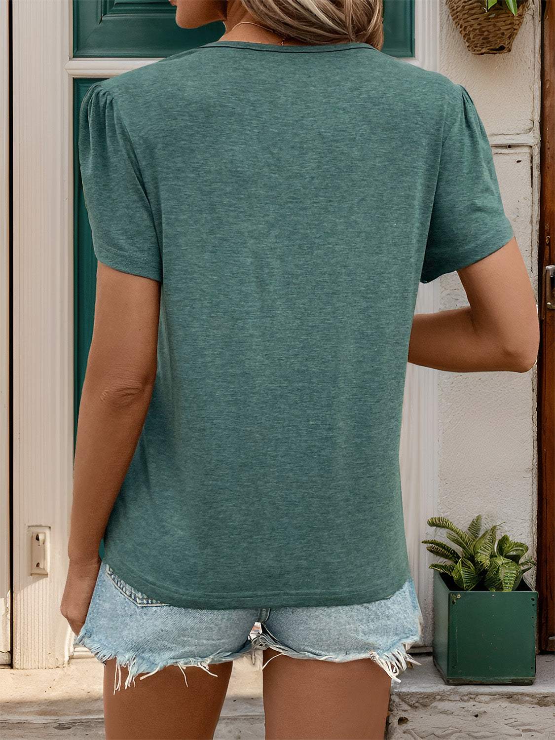 V-Neck Petal Sleeve T-Shirt - Trendsi - Flyclothing LLC
