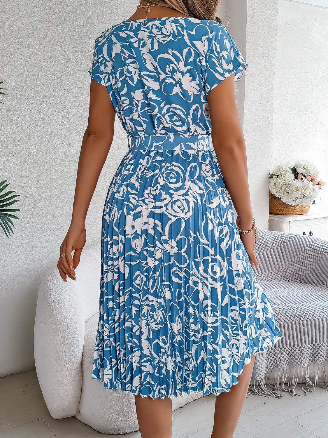 Tied Pleated Printed Short Sleeve Dress - Trendsi - Flyclothing LLC
