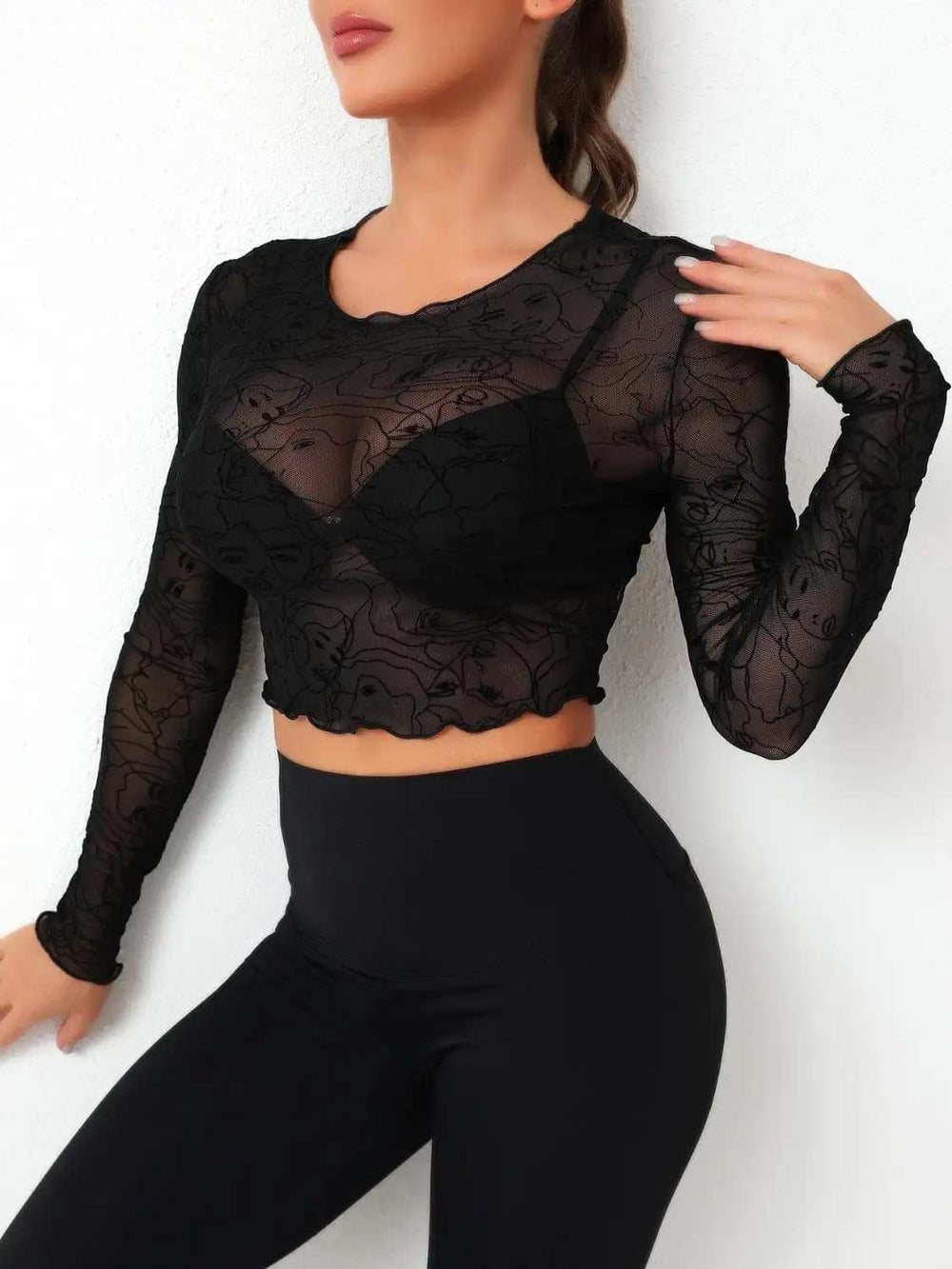 Round Neck Long Sleeve Sheer Top - Trendsi - Flyclothing LLC