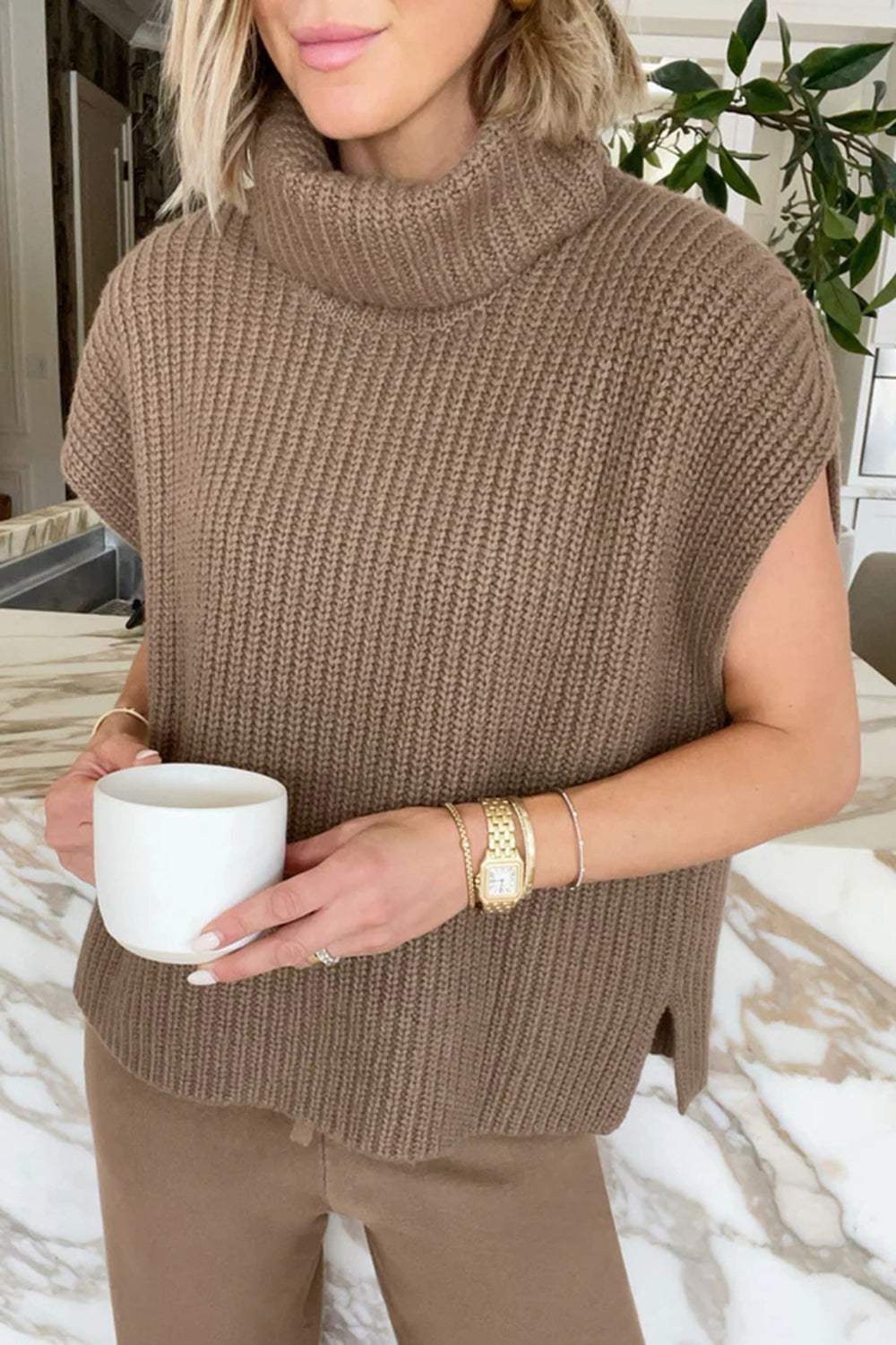 Slit Turtleneck Cap Sleeve Sweater - Trendsi - Flyclothing LLC