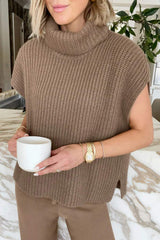 Slit Turtleneck Cap Sleeve Sweater - Trendsi - Flyclothing LLC