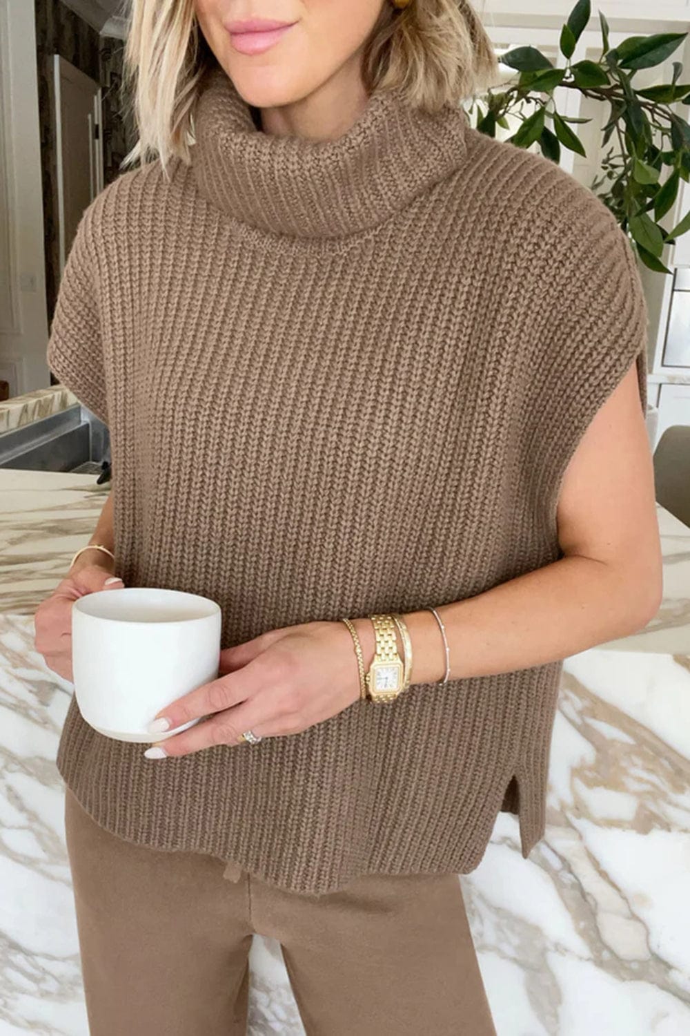 Slit Turtleneck Cap Sleeve Sweater - Trendsi