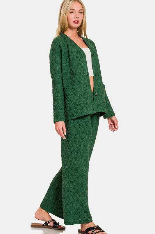 Zenana Quilted Button Up Long Sleeve Top and Pants Lounge Set - Trendsi - Flyclothing LLC