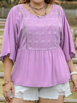 Plus Size Lace Detail Round Neck Three-Quarter Sleeve Blouse - Trendsi - Flyclothing LLC