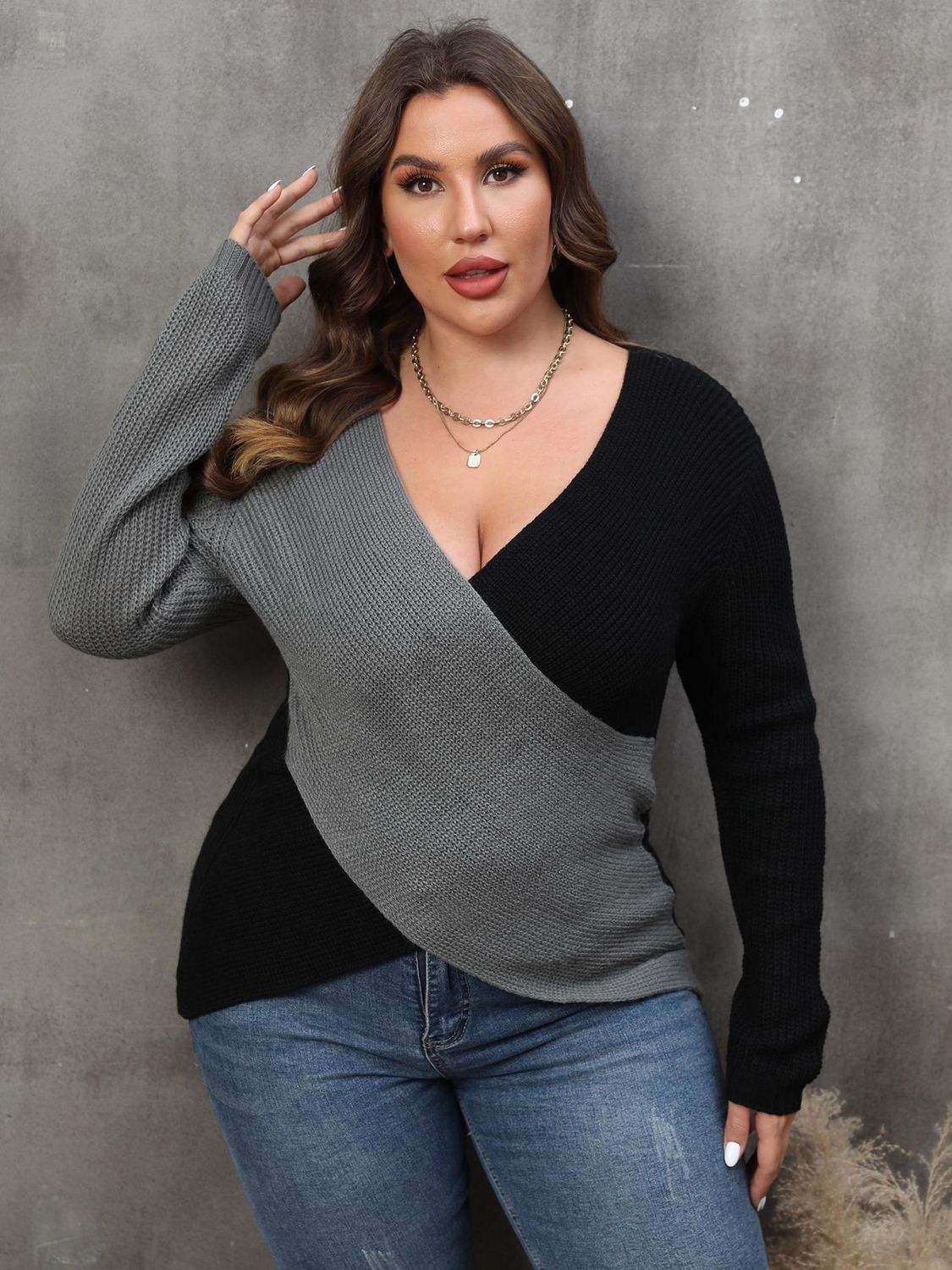 Plus Size Two-Tone Surplice Neck Sweater - Trendsi - Flyclothing LLC