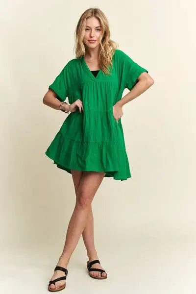 ADORA Tiered Notched Short Sleeve Dress - Trendsi - Flyclothing LLC