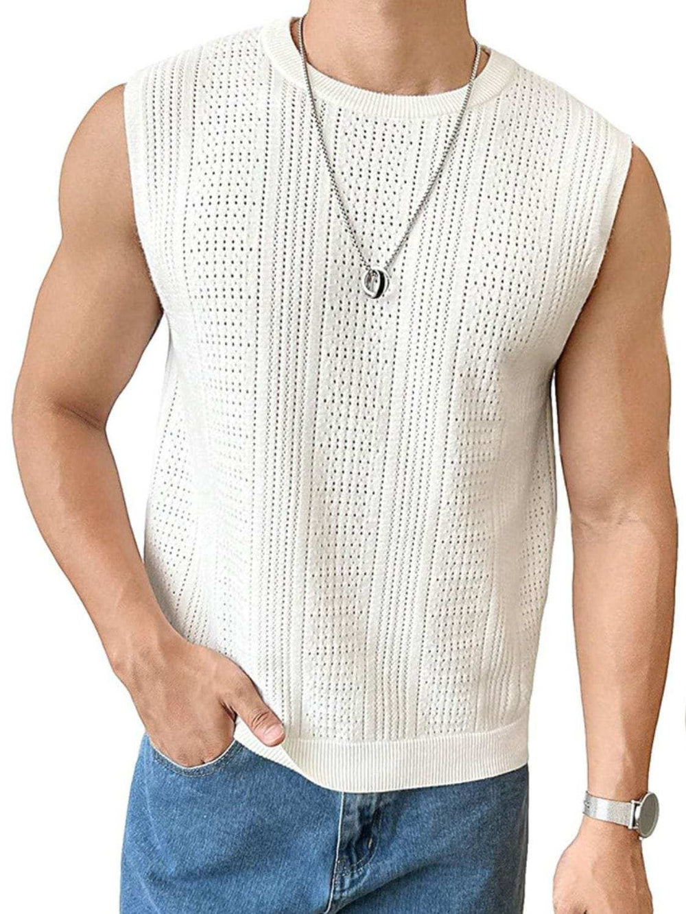 Men's Full Size Eyelet Round Neck Tank Plus Size - Trendsi - Flyclothing LLC