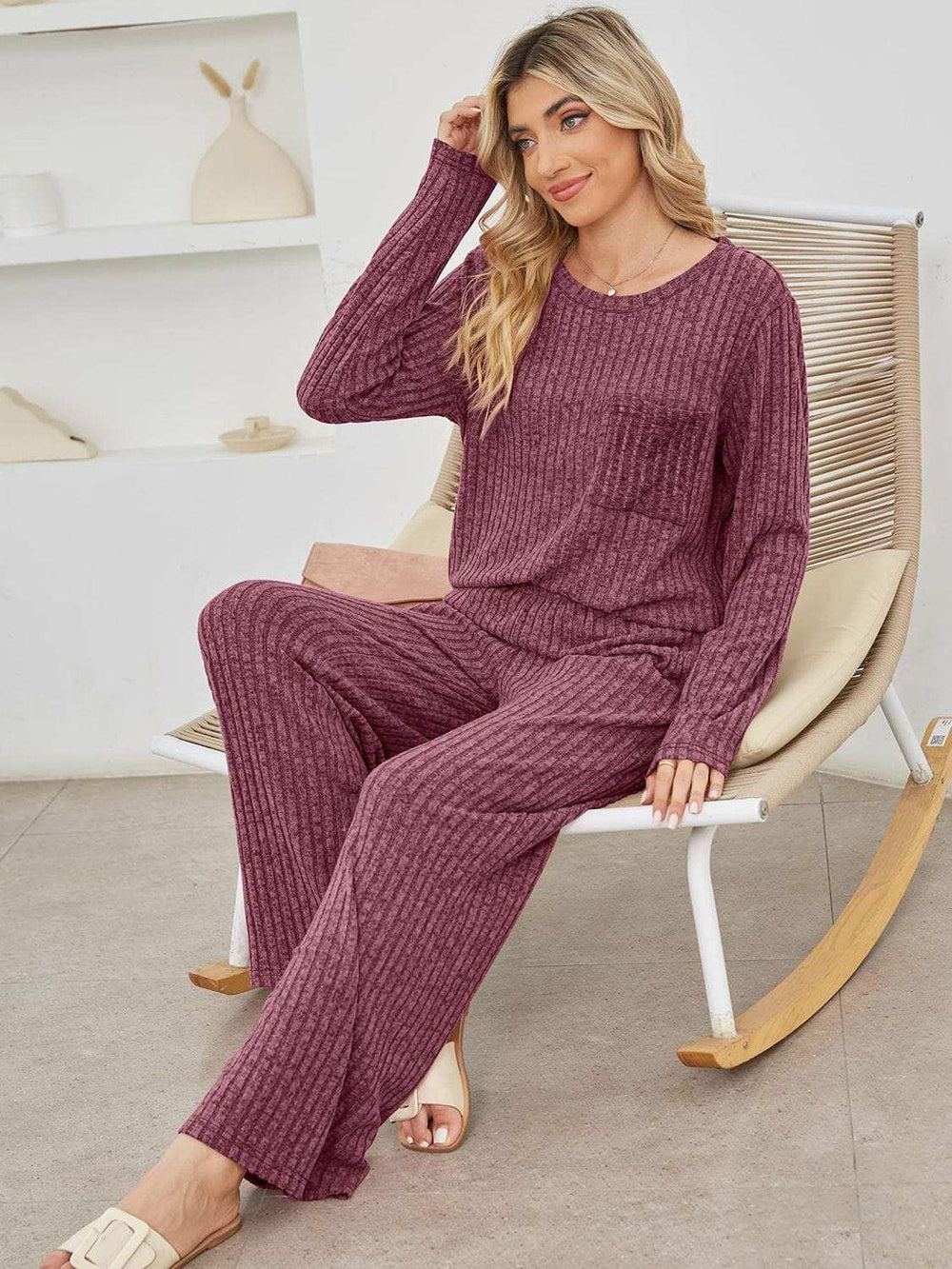 Round Neck Long Sleeve Top and Pants Set - Trendsi - Flyclothing LLC