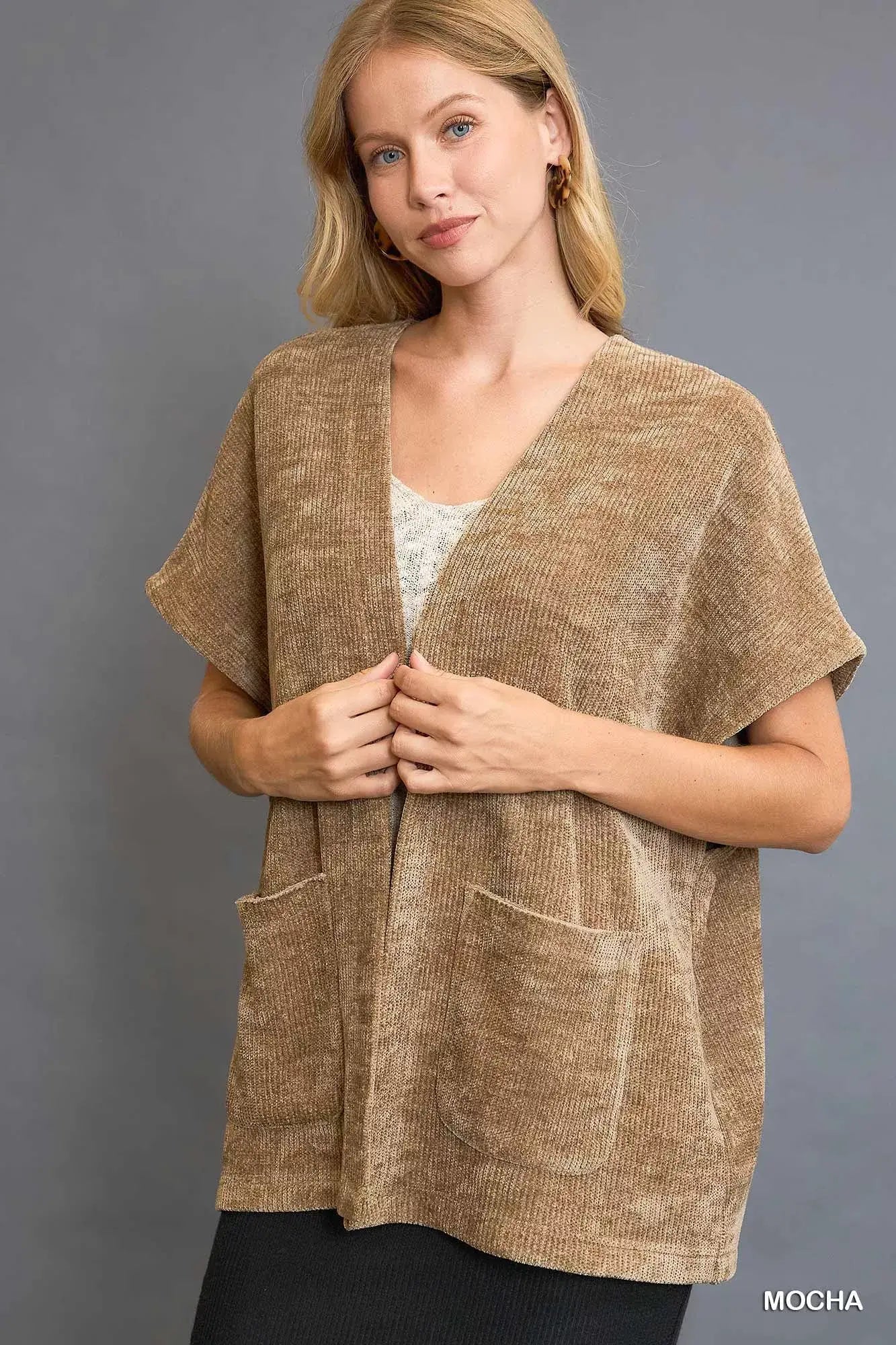 Umgee Open Front Knit Cardigan with Front Pockets - Trendsi - Flyclothing LLC