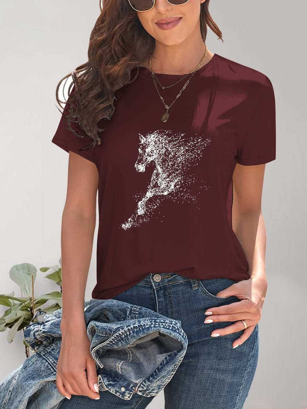 Horse Round Neck Short Sleeve T-Shirt - Trendsi - Flyclothing LLC
