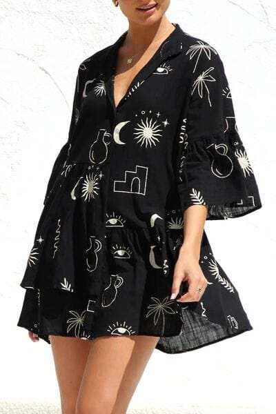 Ruched Printed Three-Quarter Sleeve Mini Dress - Trendsi - Flyclothing LLC