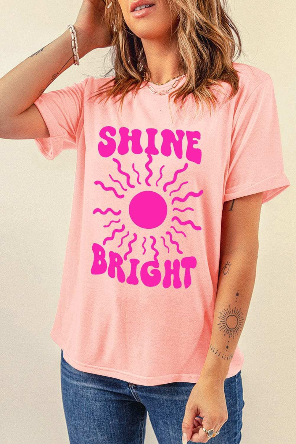 SHINE BRIGHT Round Neck Short Sleeve T-Shirt - Trendsi - Flyclothing LLC