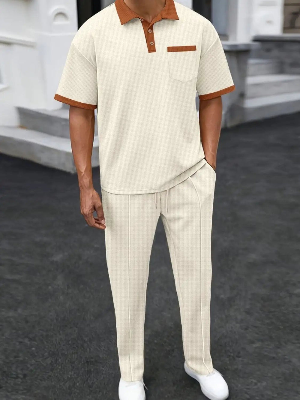 Men's Full Size Waffle-Knit Contrast Polo and Pants Set Plus Size - Trendsi