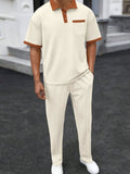 Men's Full Size Waffle-Knit Contrast Polo and Pants Set Plus Size - Trendsi