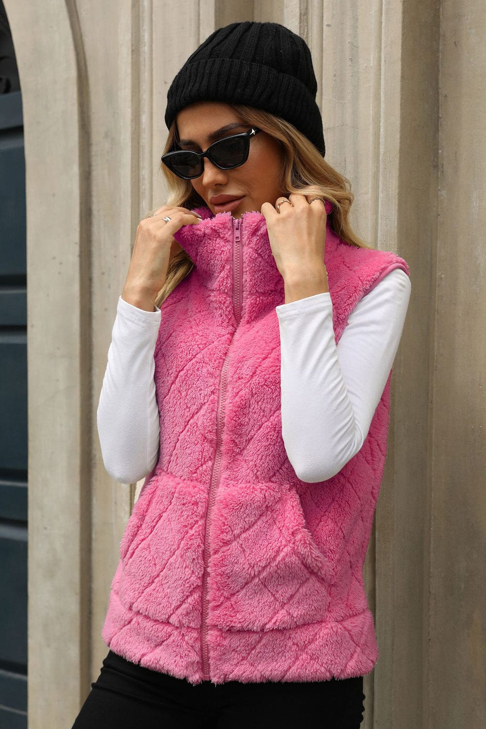 Fuzzy Plaid Texture Zip Up Vest Coat - Trendsi