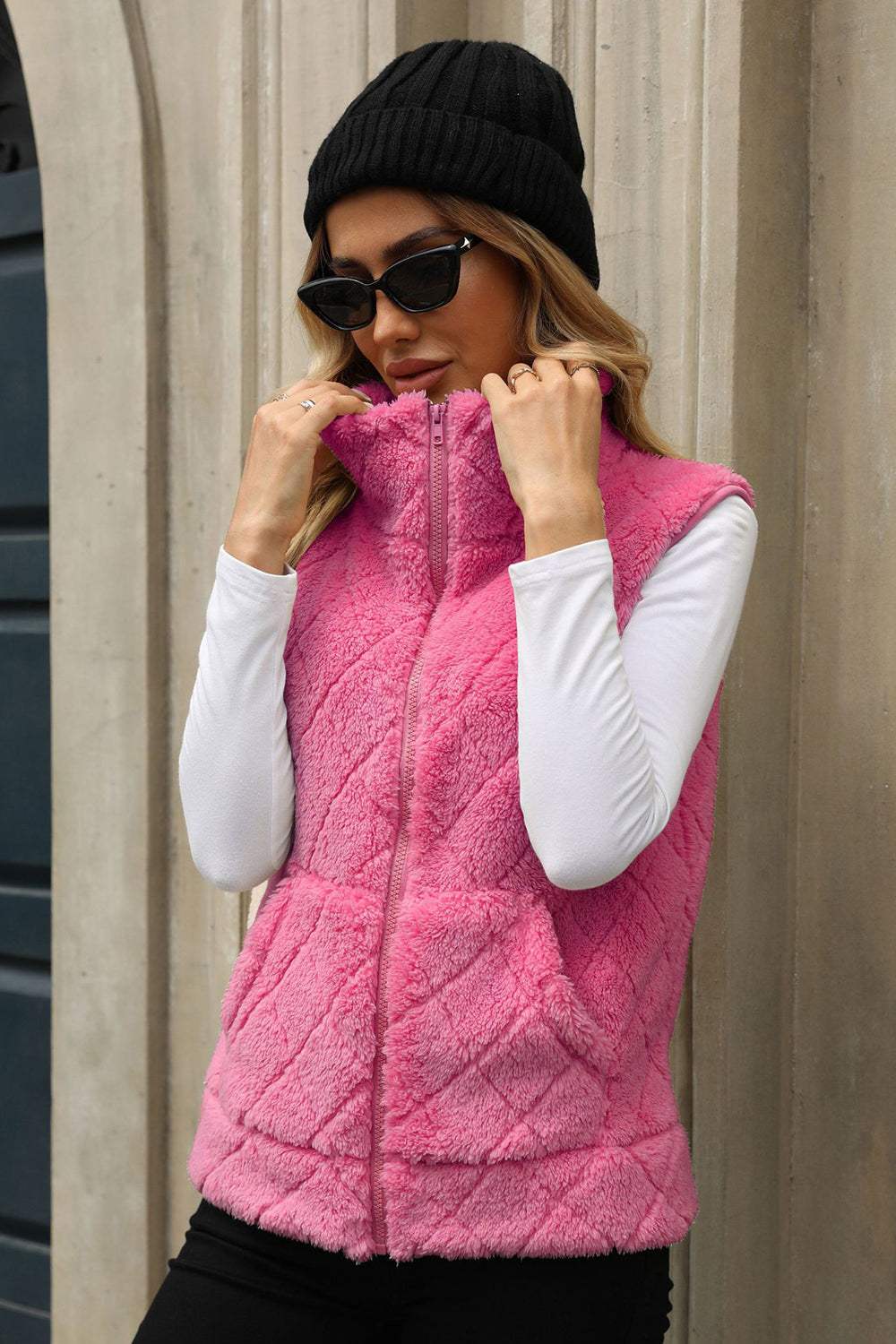 Fuzzy Plaid Texture Zip Up Vest Coat - Trendsi - Flyclothing LLC