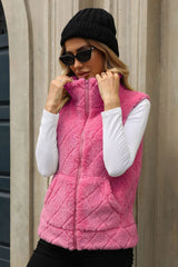 Fuzzy Plaid Texture Zip Up Vest Coat - Trendsi