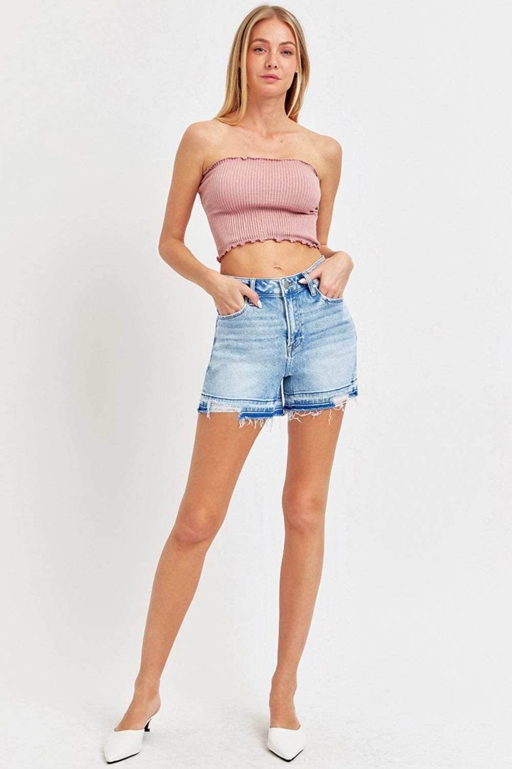 RISEN High Rise Distressed Hem Denim Shorts - Trendsi - Flyclothing LLC