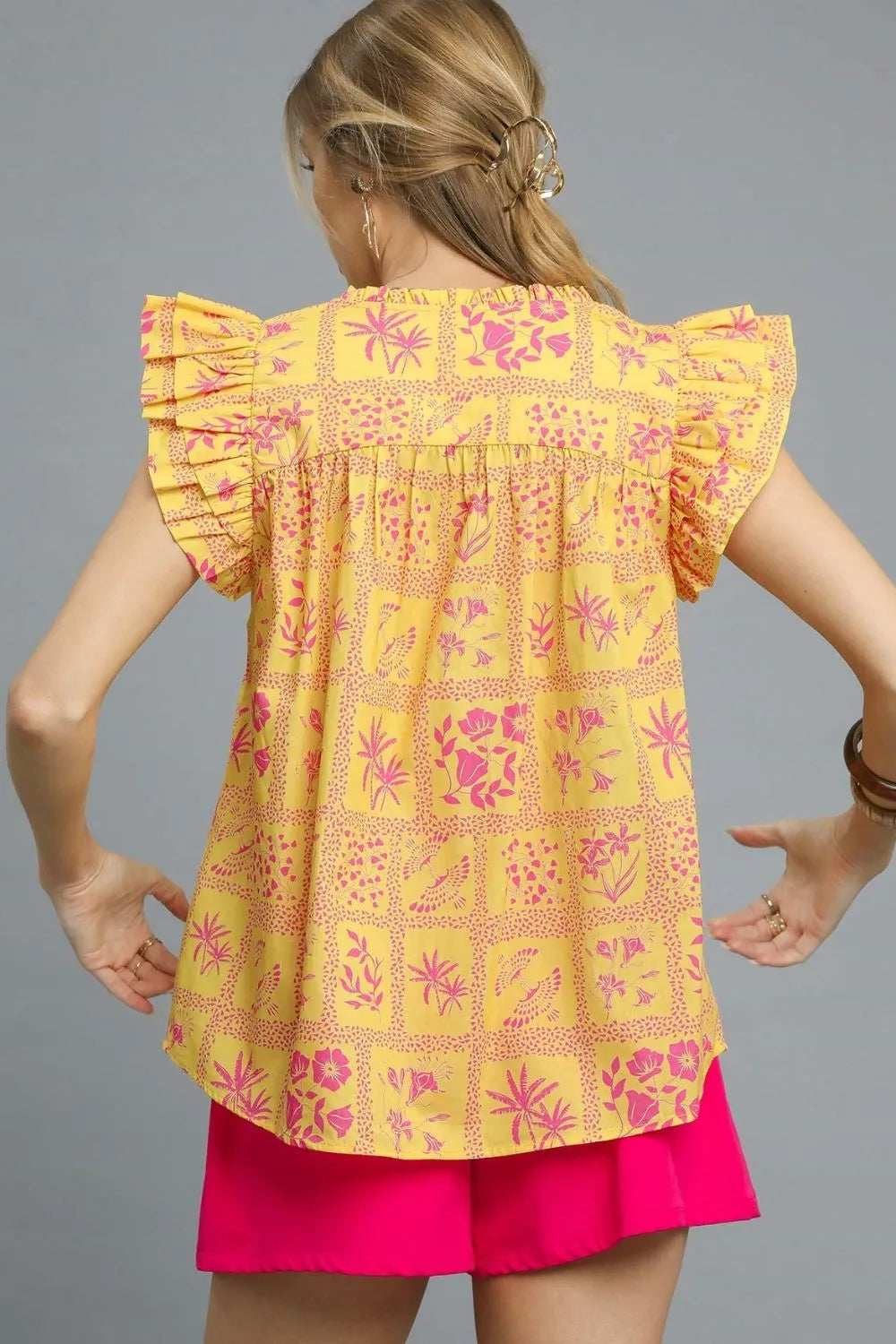 Umgee Printed Ruffle Cap Sleeve Blouse - Trendsi - Flyclothing LLC