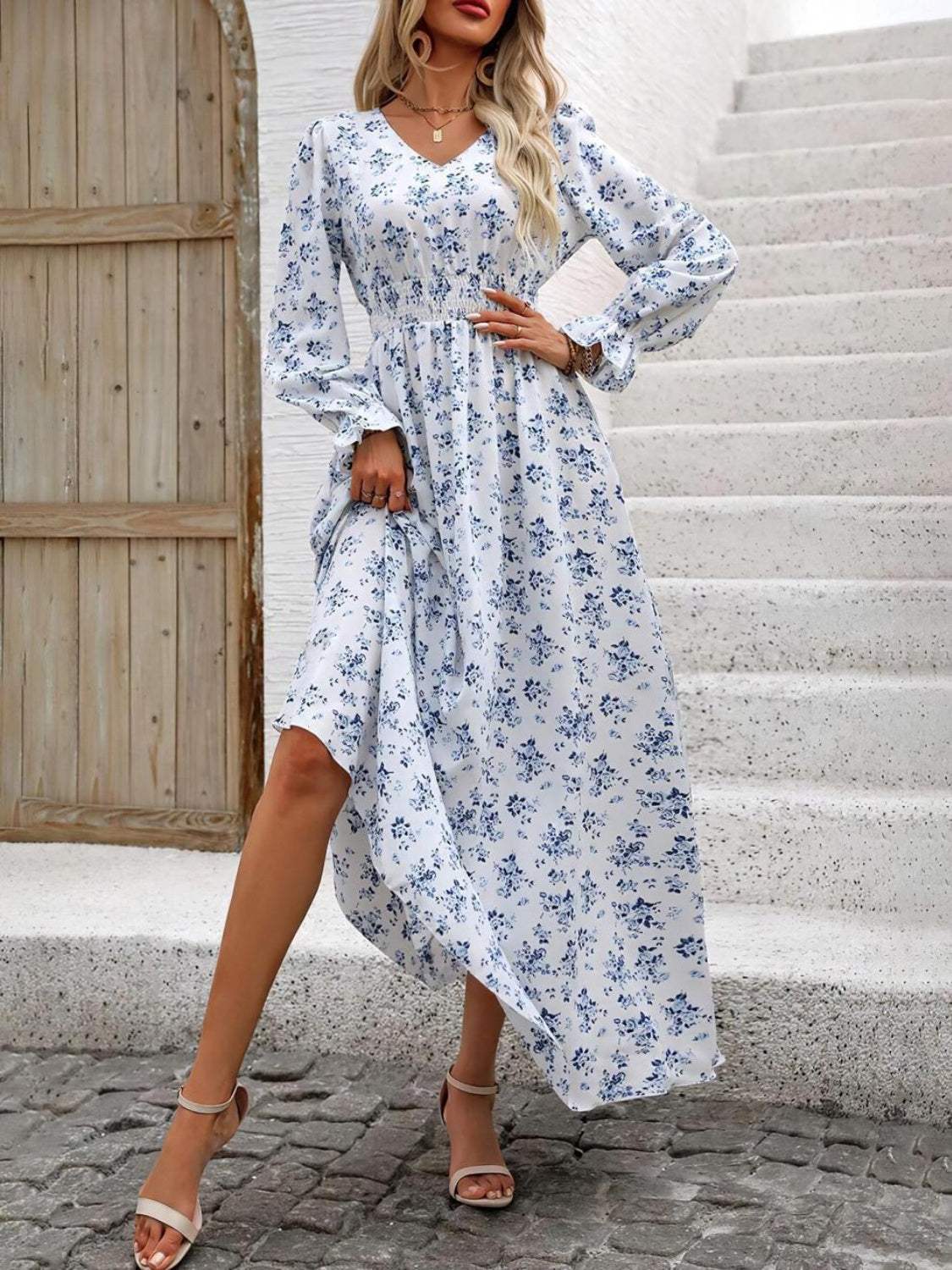 Smocked Printed V-Neck Flounce Sleeve Dress - Trendsi - Flyclothing LLC