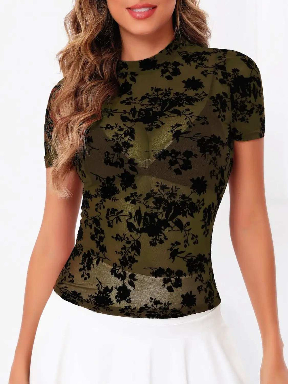 Mock Neck Short Sleeve Top - Trendsi - Flyclothing LLC