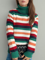 Contrast Stripes Turtleneck Long Sleeve Sweater - Trendsi